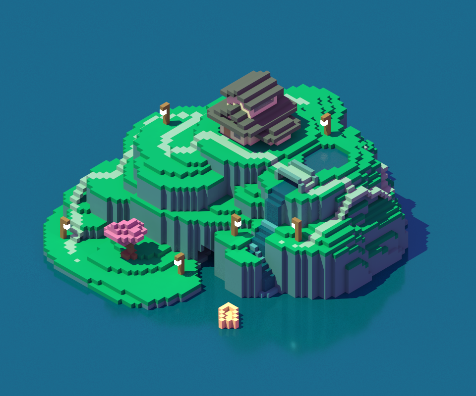 Isometric voxel art of a Japanese-style island with a pagoda, pink cherry blossom tree, waterfalls, ponds, and surrounding water.