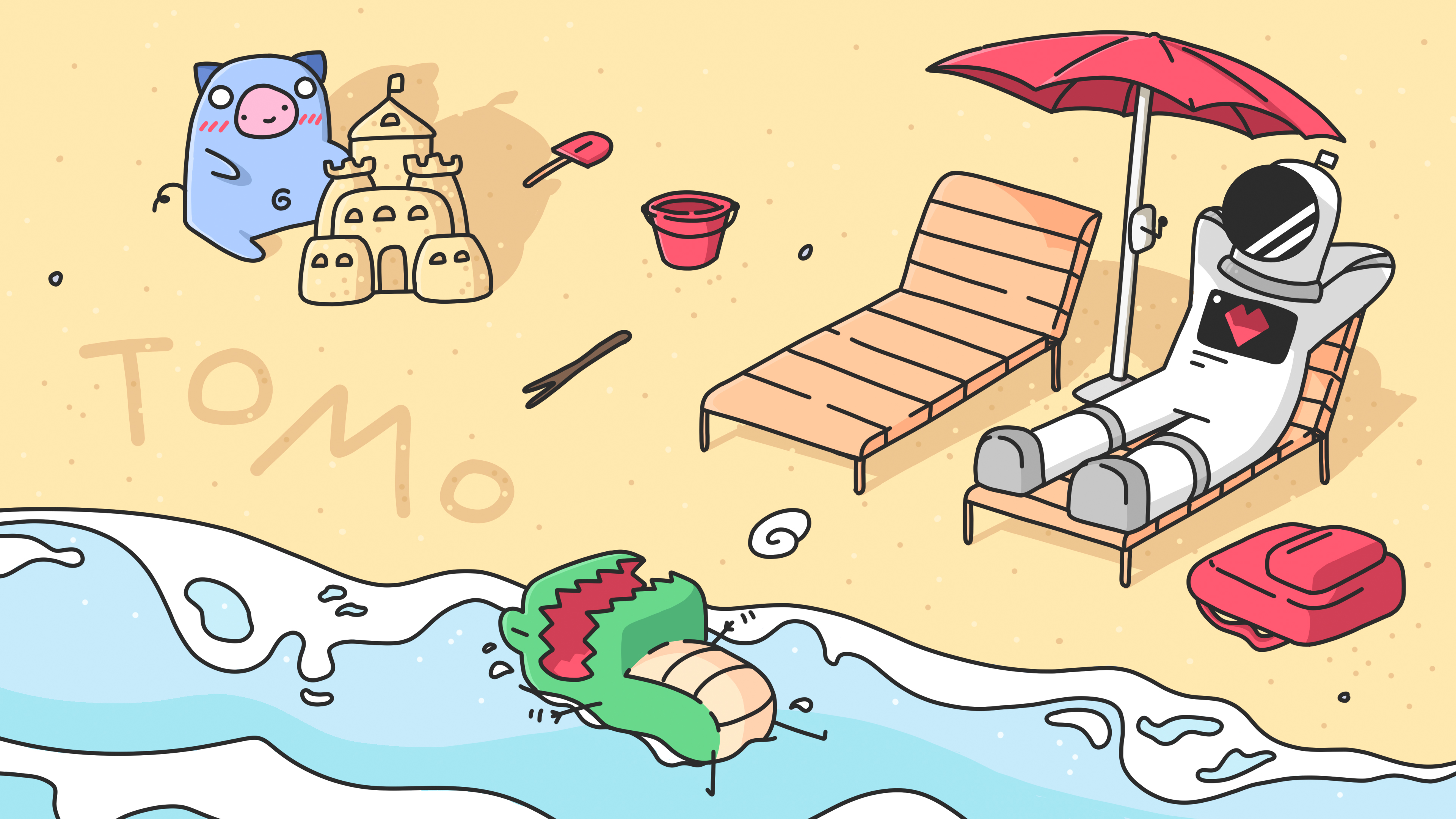 Cartoon beach scene with an astronaut relaxing on a lounge chair under a red umbrella, a blue pig near a sandcastle, and a green crocodile floating in water.